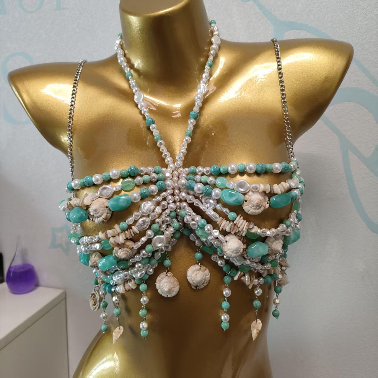 

European Handmade Beaded Pearl Shell Strapless Chest Chain for Women - Summer Beach Body Jewelry One Size разноцветный