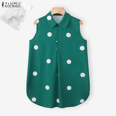 Camisetas sin mangas casuales clásicas para mujer con cuello y estampado de lunares