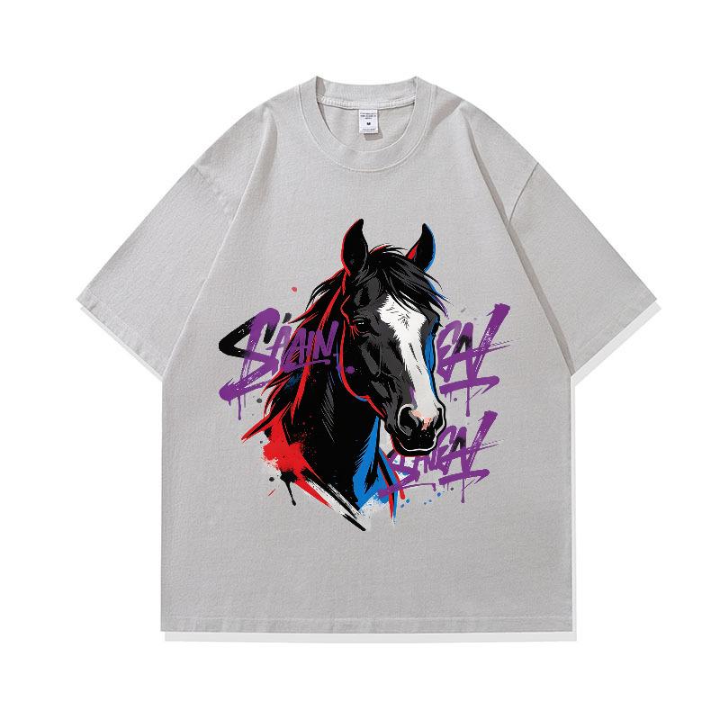 Digital Printing American Retro Horse Pattern Loose Short-Sleeved T-Shirt Digital Direct Injection Printing Custom