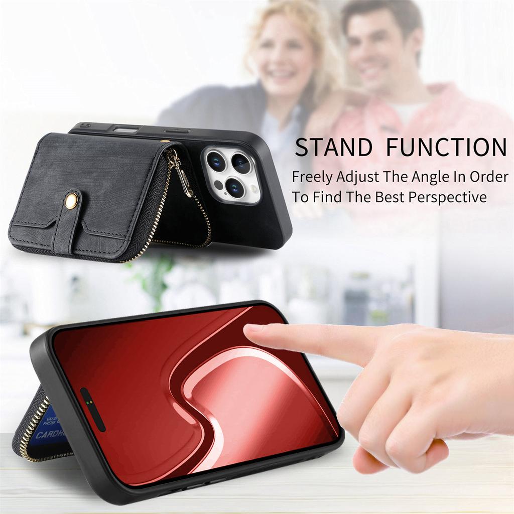 For iPhone 16 Pro Case Zipper Card Holder PU Leather Phone Back Cover with Long Strap