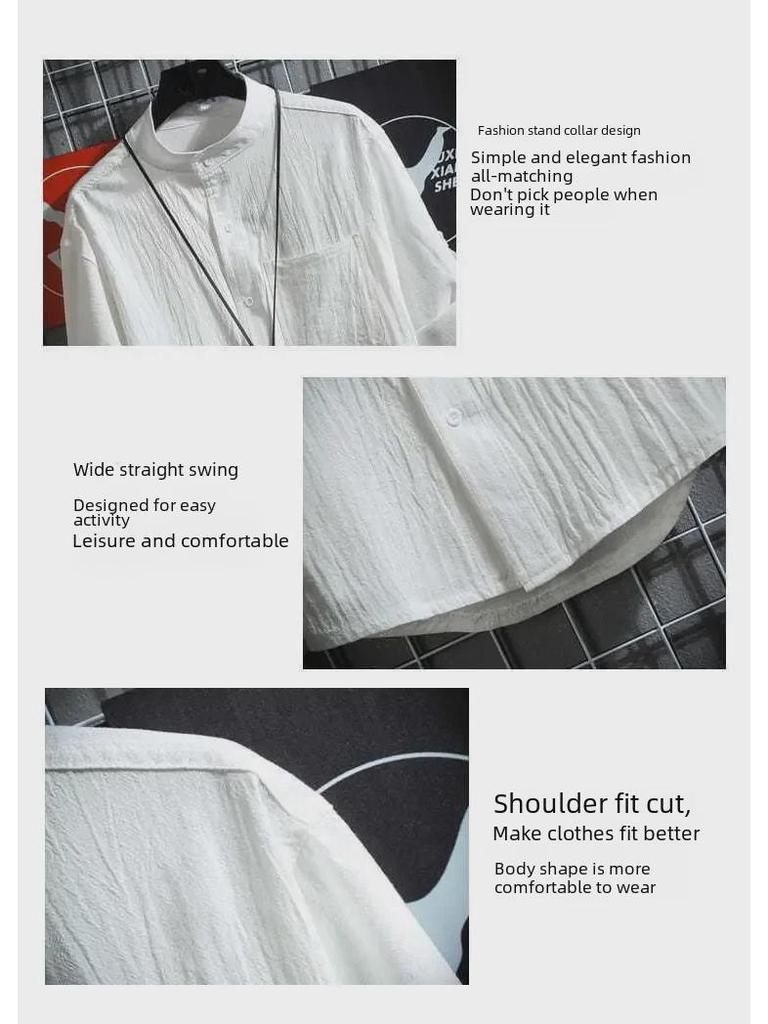 Übergröße Herren Hemd im japanischen Stil mit Stehkragen und kurzen Ärmeln, einfarbig