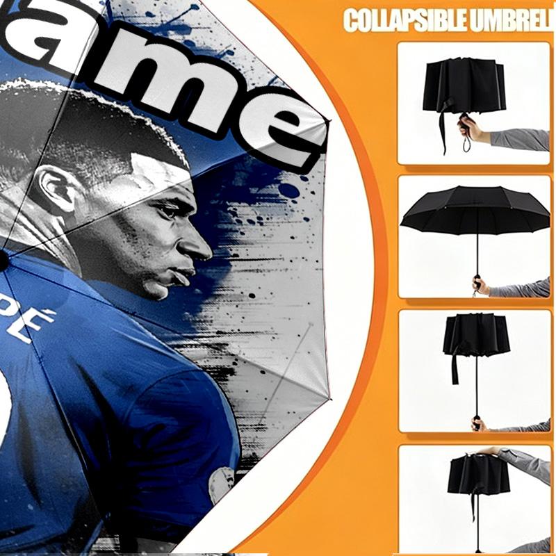 Custom Name Personalized Kylian Mbappe Print Umbrella, Auto Open Close, 8‑Rib Sturdy Frame, Commute Camping Hiking Use, Birthday Gift