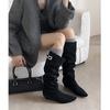 Lazy French Style~ Round Head Inner Height Increase Western Cowboy Boots Pleated Stacking Boots 25 Years Suede But Knee Boots~