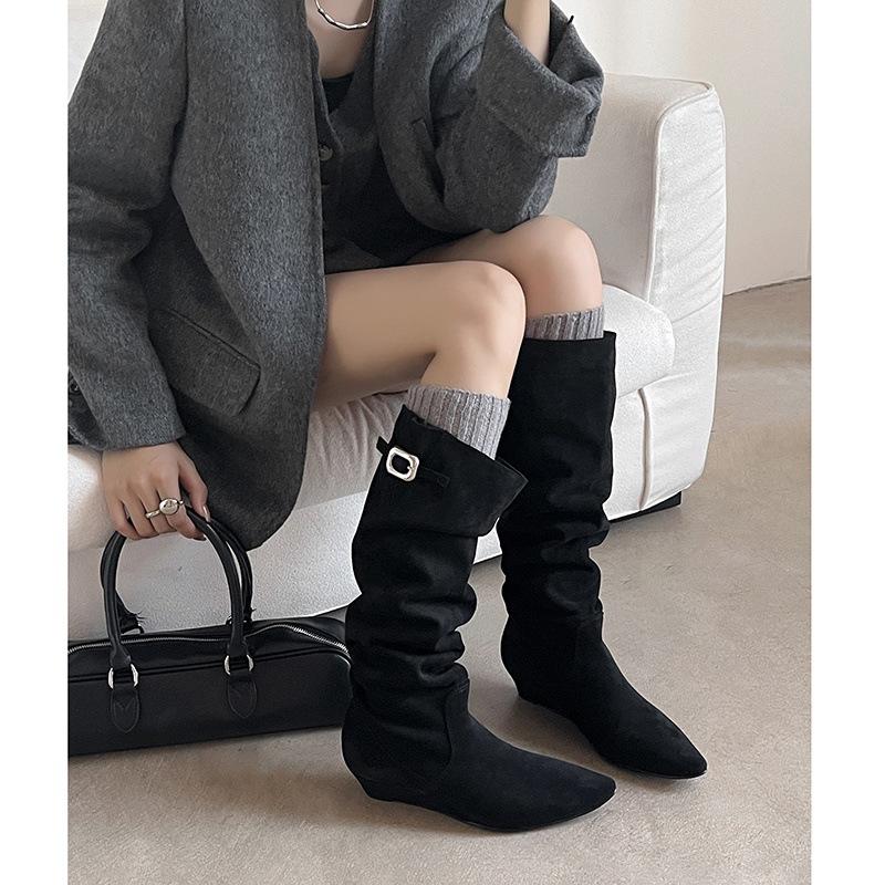 Lazy French Style~ Round Head Inner Height Increase Western Cowboy Boots Pleated Stacking Boots 25 Years Suede But Knee Boots~