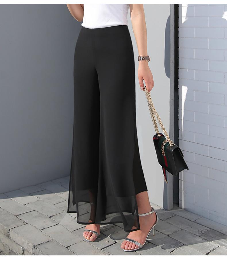 Šifonové culottes s vysokým pasem: Nadměrná velikost, Síťovina, Volné, Široké nohavice, Rovné, Rozparek, Ležérní palazzo kalhoty pro ženy.