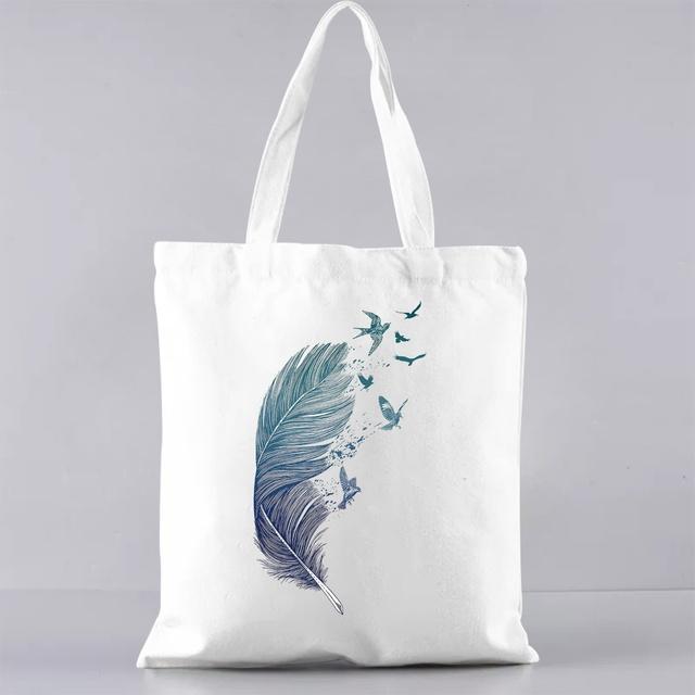 Grundlegende Einkaufstasche im koreanischen Stil, passend zu allen Gelegenheits-Schultertaschen für Pendler, Farbe mit Federmuster, bedruckte Canvas-Lebensmitteltaschen