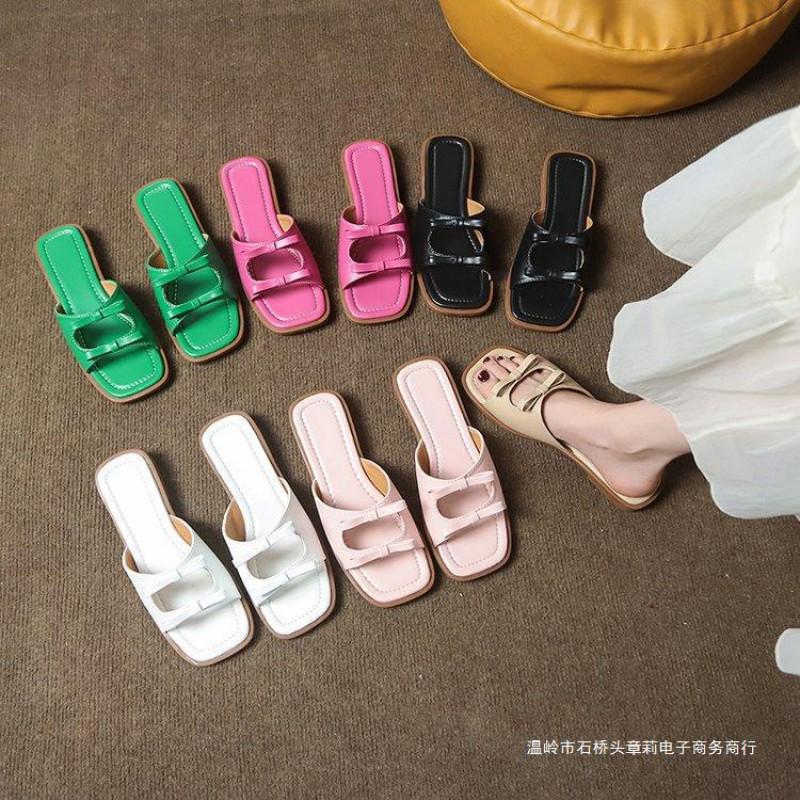 Womens Flat Slide Sandals With Bow Detail Square Toe PU Upper Rubber Sole Casual Shoes