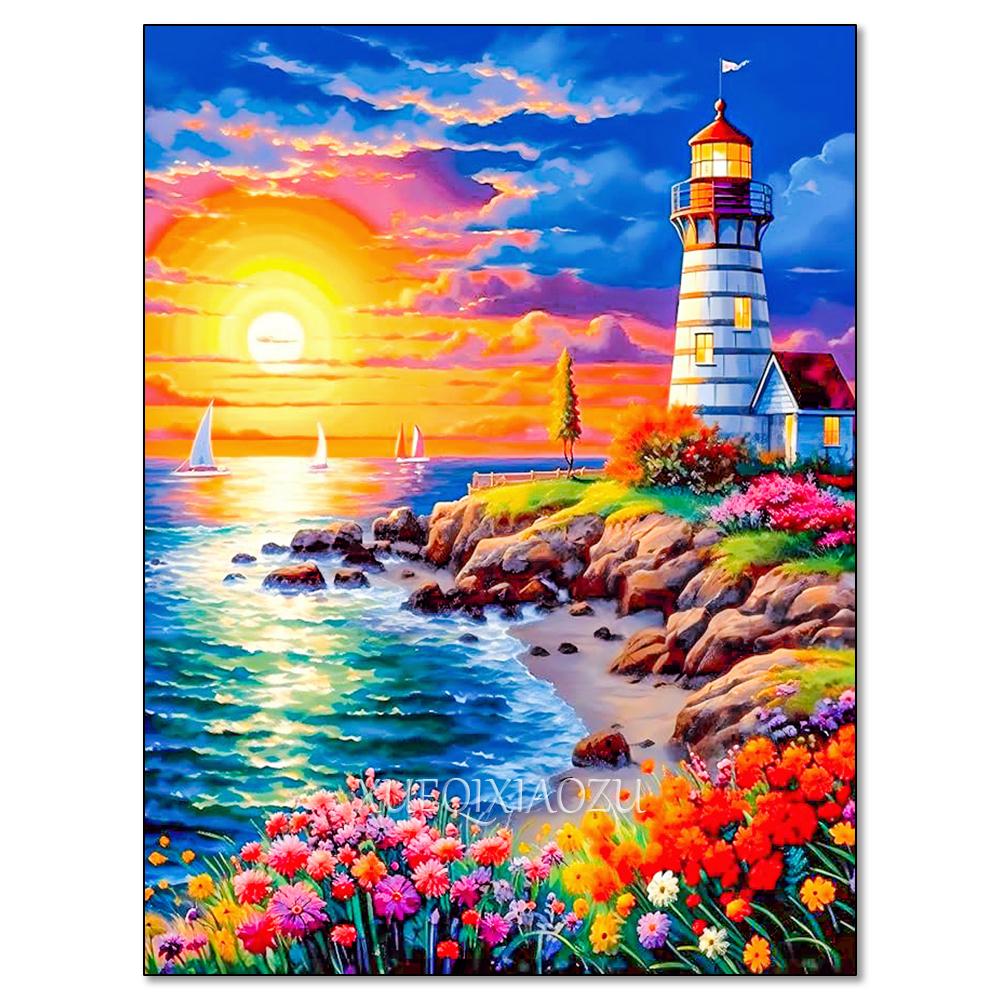 Cactus Sailboat Sunset 5D DIY Diamond Painting Kit Landscape Full Diamond Mosaic Cross Stitch Kit Room Decoration Gift