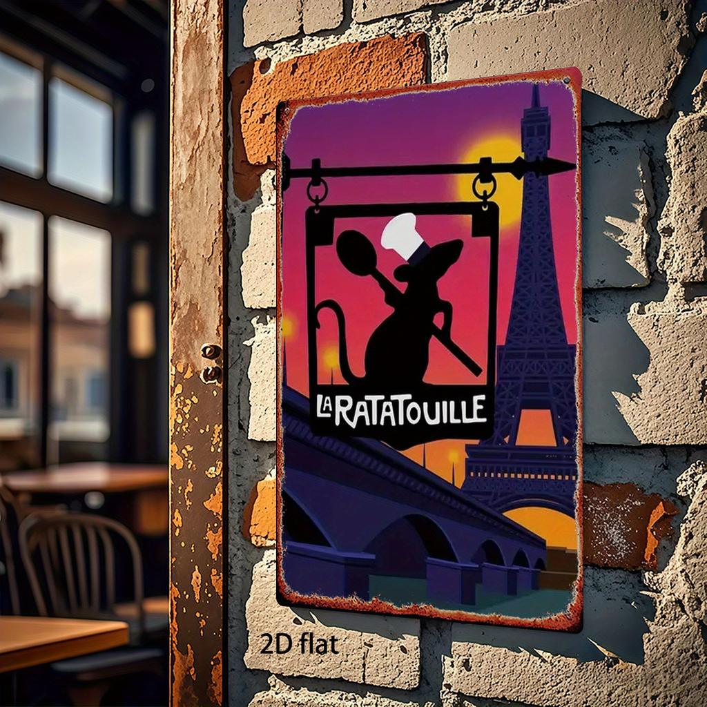 1pc Disney "Ratatouille" Paris Iron Wall Art - Chef Remy & Eiffel Tower 3D Metal Sign, 20.32x30.48 Cm Rustic Home Decor with Pre