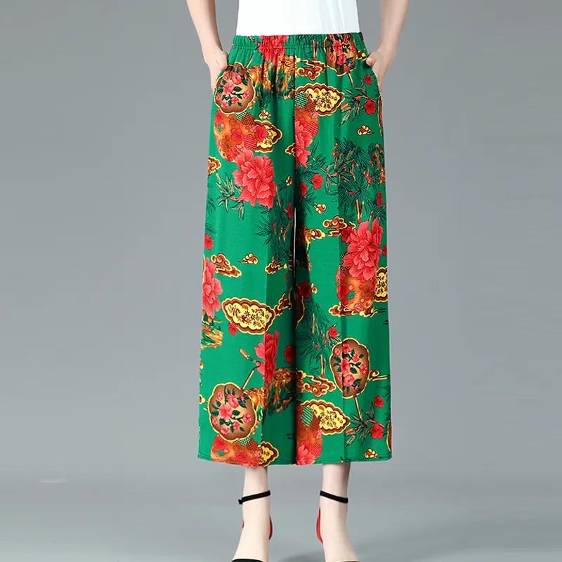 WTEMPO Cotton Hemp Blend Women Large Size Wide Leg Pants Mom High Waist Elastic Printed Thin Cropped Pants