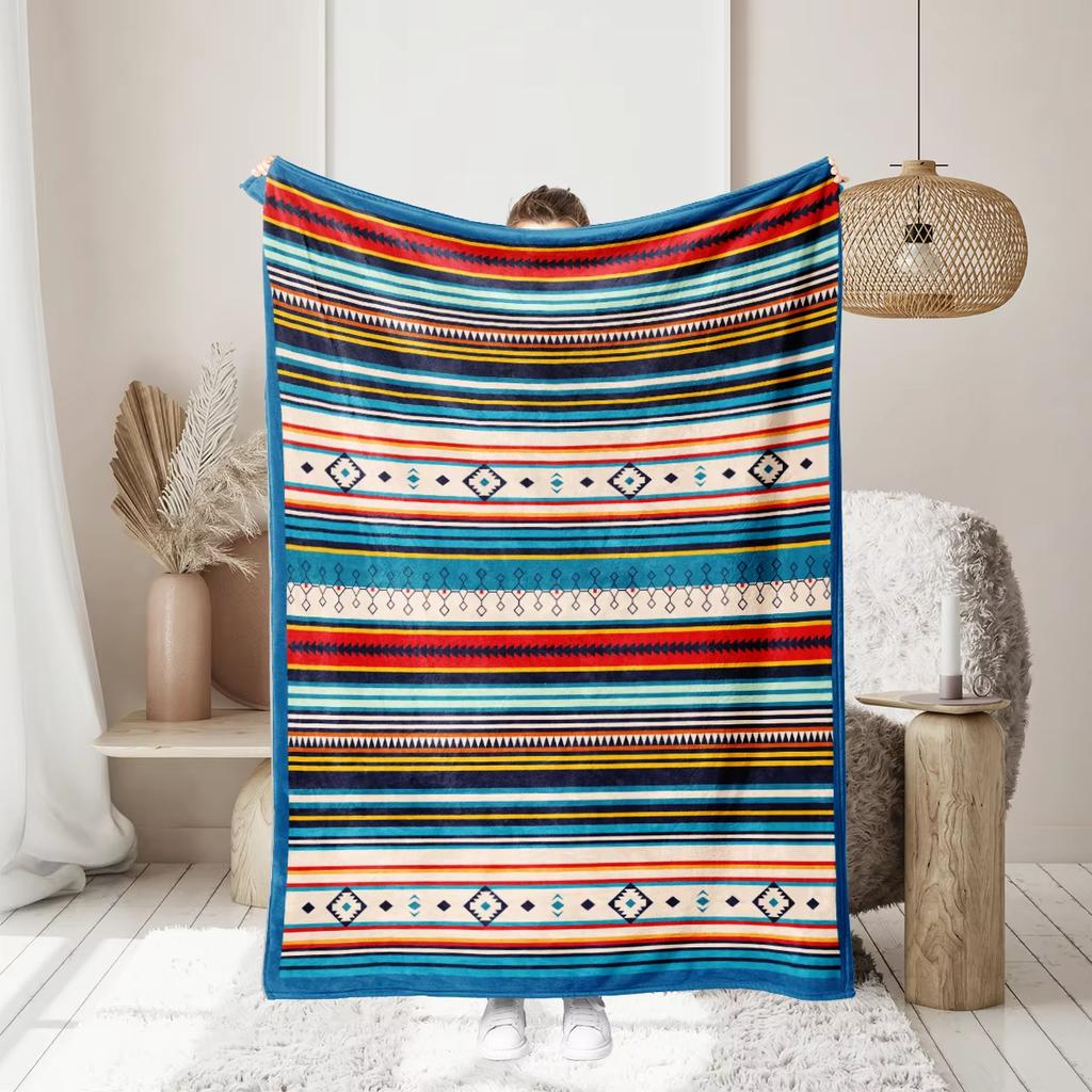 1PC Bohemian Stripes Flannel printed blanket suitable for all seasons suitable for living room office sofa and travel