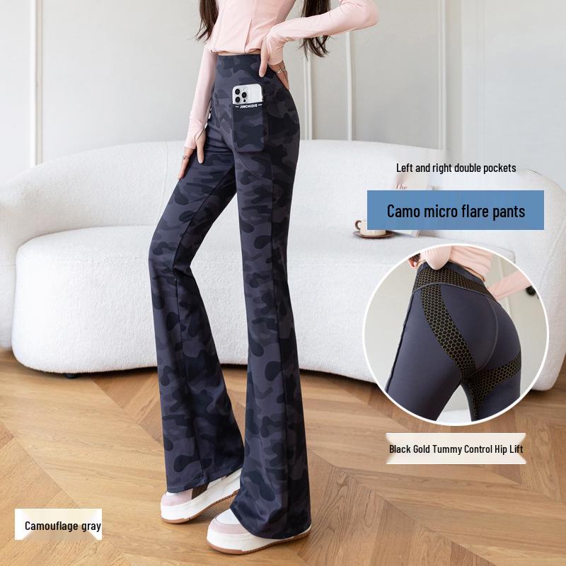 

Plus Size Camouflage High Waist Double Pocket Flare Yoga Pants - Hip Lifting Black Gold XL