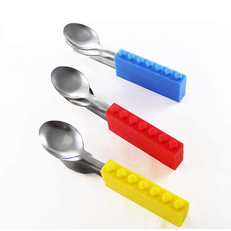 3 Stück Kreatives Baustein Silikon Edelstahl Kinder Gabel Löffel Messer Ziegelsteinförmiges Besteckset Lustiges Kleinkind Geschirr