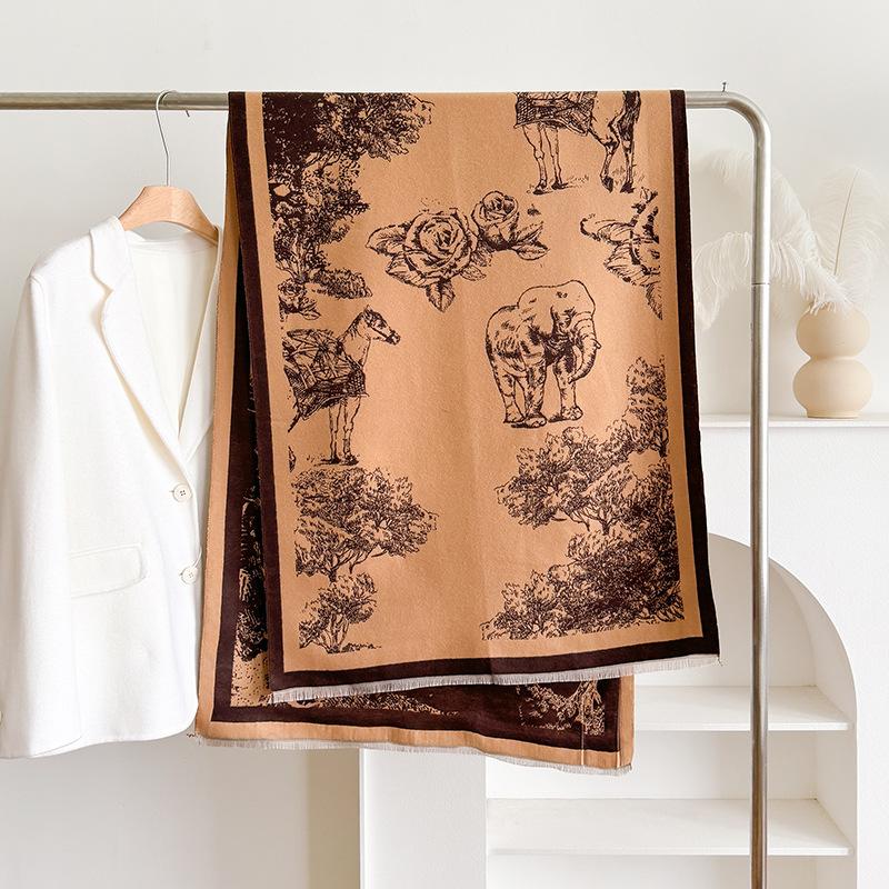 Retro Double-Sided Printing Imitation Cashmere Women'S Scarf Winter Fashion High Temperament Thickened Warm Versatile Shawl