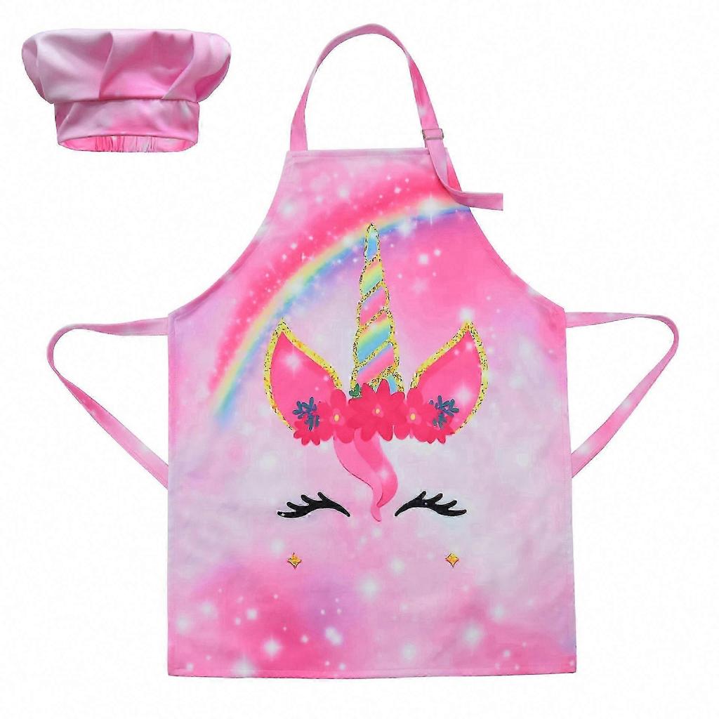 Girls' Rainbow Unicorn Apron Medium Size 6-12 Years Chef Kitchen Smock for Children