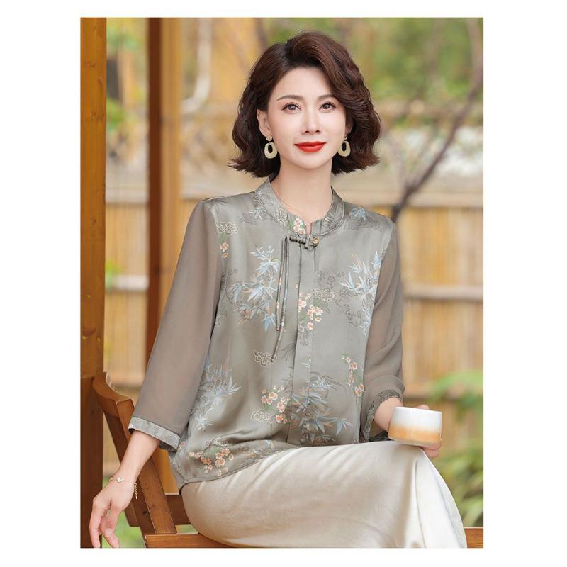 Chinese Style Mandarin Collar Blouse Women's Floral Printed Half-sleeve Chiffon Elegant Top