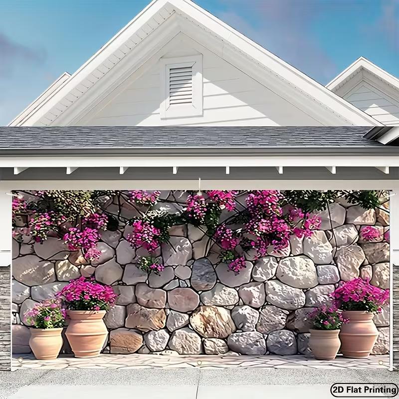 

Гобелен Средиземноморская каменная стена , Ткань с фоном из розовых цветов бугенвиллии, Декор для комнаты 47.2x31.5inch/120*80cm