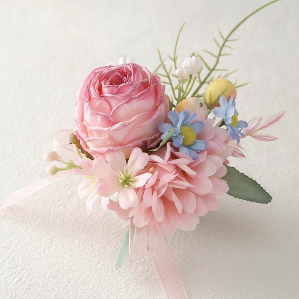 Faux Flower Corsage with Ribbon Pastel Artificial Rose Boutonniere Compact