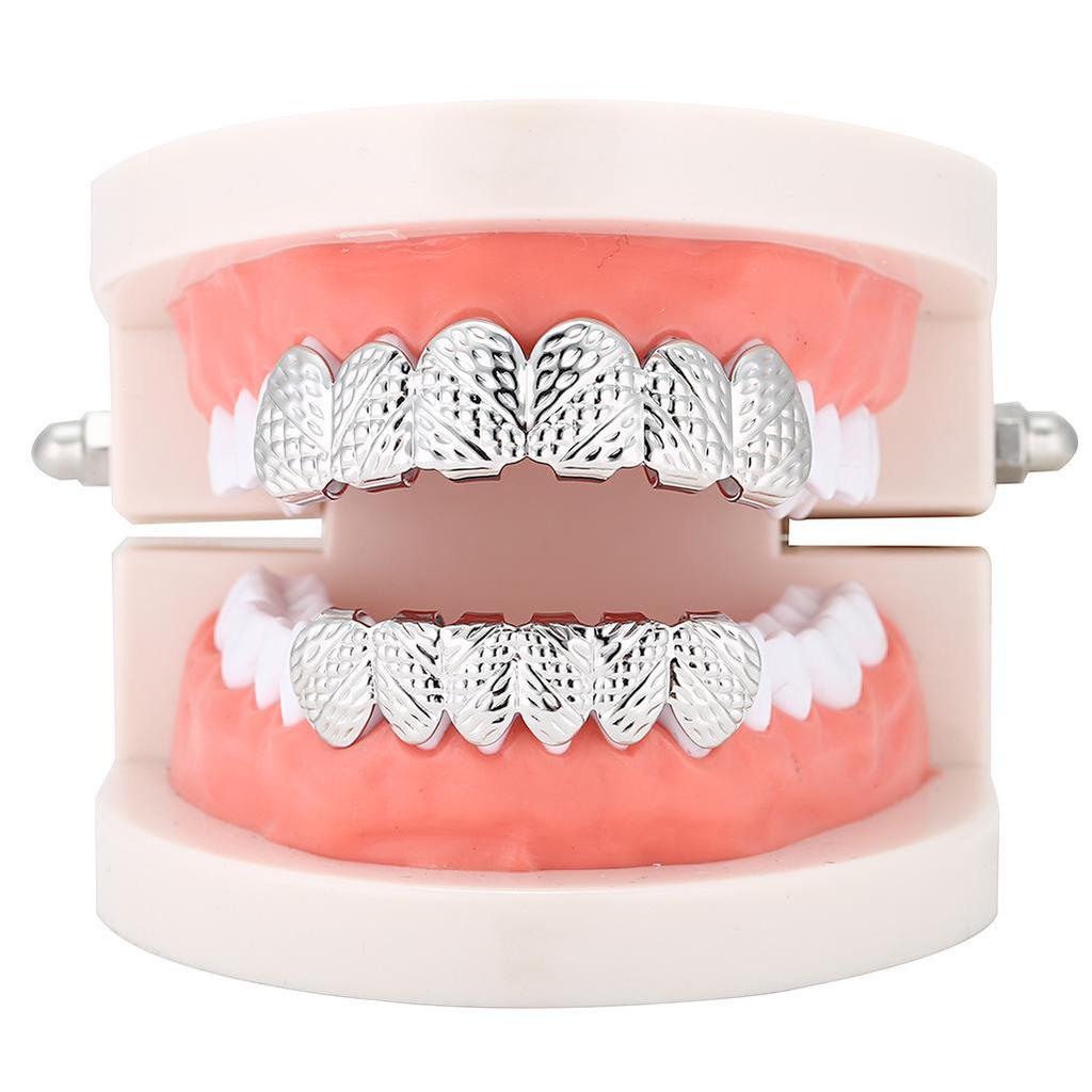 Carved Plaid Pattern Metal Hip Hop Upper and Lower Teeth Set