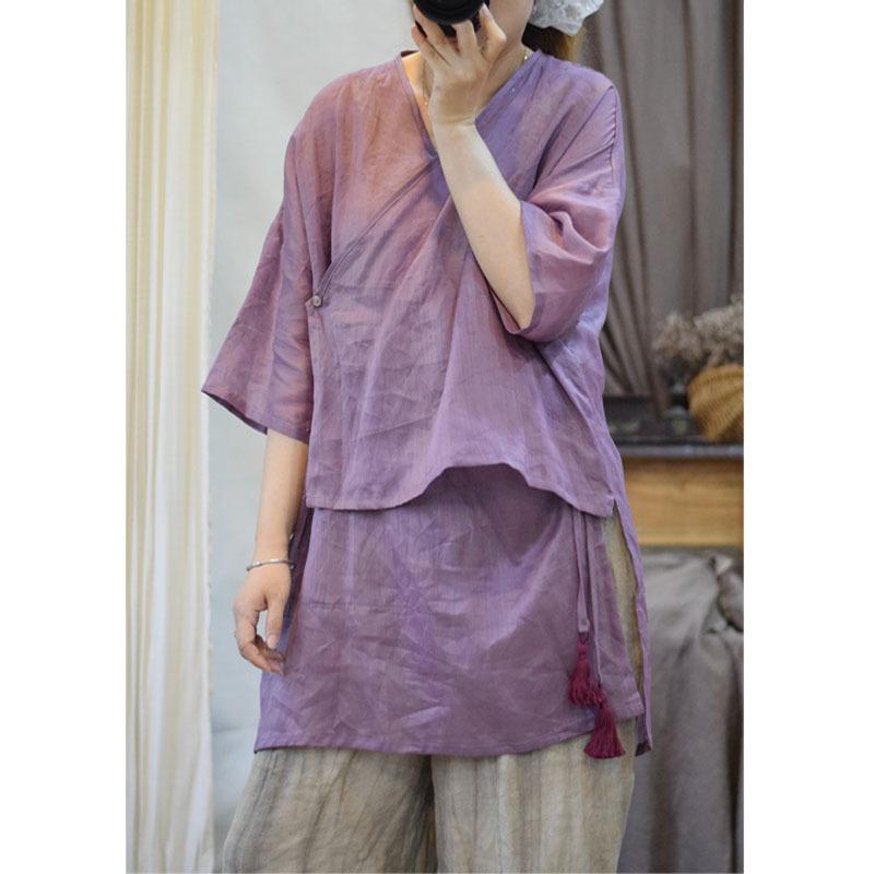 

Johnature Woman Spring Vintage Chinese Style Shirt Splicing Half Sleeve Solid Color Shirt One Size фіолетовий
