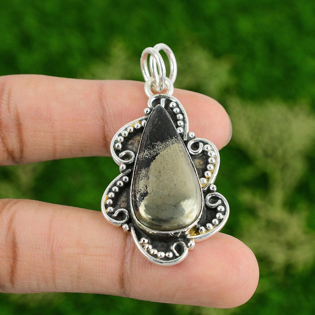 Daughters Day Deal Sterling Silver Pear Pyrite Stone Sister Trendy Bezel Pendant