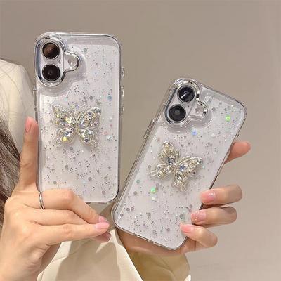 Diamond Butterfly Sparkling Pink Transparent Droplet Phone Case for IPhone 16 Promax Fashion 14 Women's 17