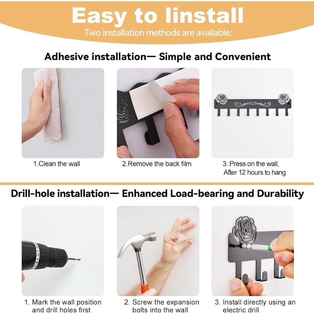 Modern Wall Mount Key Holder 8 Hooks, Adhesive or Drill Installation, Key Organizer Rack for Entryway Kitchen Hallway RV Decor