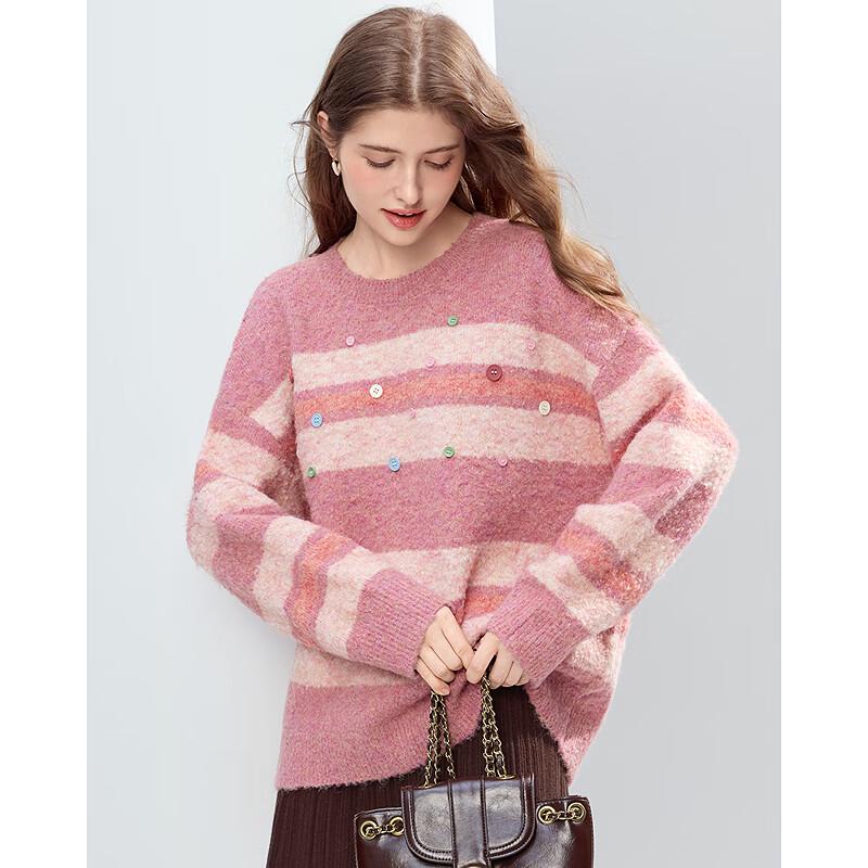 Betu Women's Striped Drop-Shoulder Sweater with Colorful Buttons