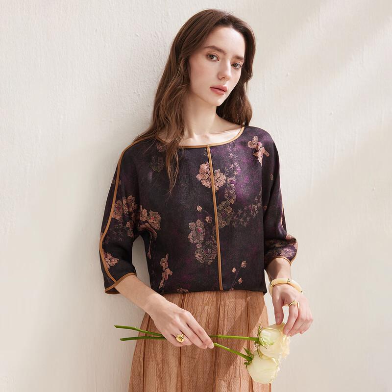 Zhaojun 2026 Mulberry Silk New Chinese Style Floral Piping Loose Seven-Sleeve Top