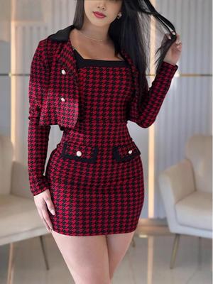2024 Houndstooth Fashion Set: Tight Suspender Dress + Short Jacket "