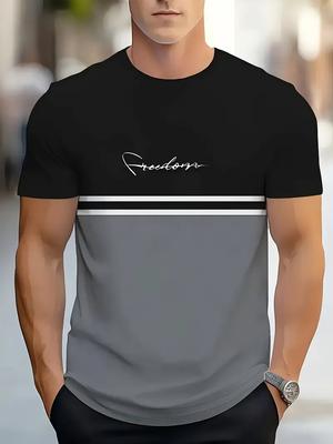 Men's Casual Summer Color Block T-Shirt Short Sleeve Vintage Style  "FREEDOM" Print Lightweight Polyester