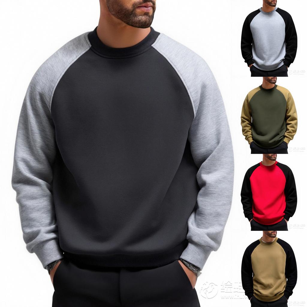Men's And Women's Casual Color-blocked American Retro Round-neck Hoodie, Men's Long-sleeved Base Layer And Pullover Hoodie