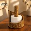 Brown Plastic Paper Stand Imitation Rattan Toilet Holder, Round Woven Towel Dispenser, Upright Roll Dispenser Boho Tissue Organizer for Bathroom