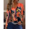 Damen Abstract Art Print V-Ausschnitt Langarm T-Shirt - Lässiges Elegantes Color Block Oberteil mit Mittlerer Dehnung