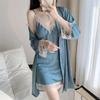 2023 Women's Sexy Summer Two-Piece Pajama Set: Ice Silk Camisole Nightdress & Long Sleeve Robe with Chest Pads