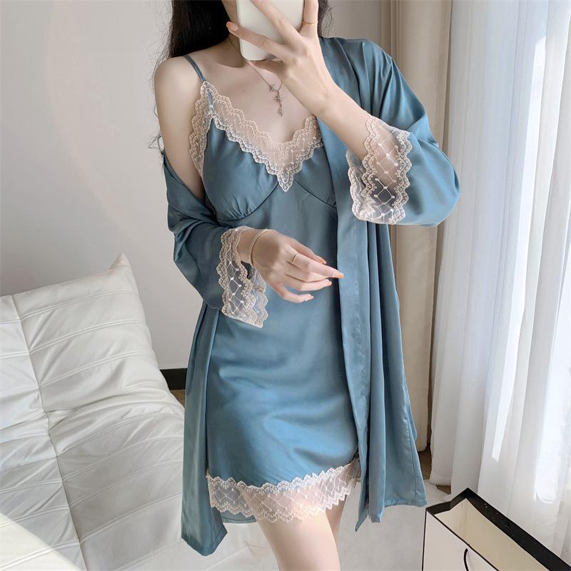 2023 Women's Sexy Summer Two-Piece Pajama Set: Ice Silk Camisole Nightdress & Long Sleeve Robe with Chest Pads