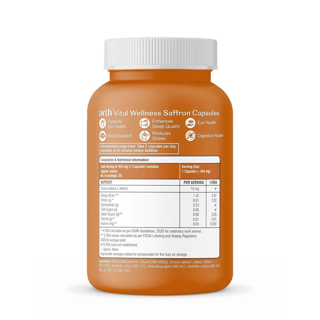 Arth Vital Wellness Saffron Capsules 30 Count For Skin Glow Sleep Support Mood Balance Digestion Eye Care Daily