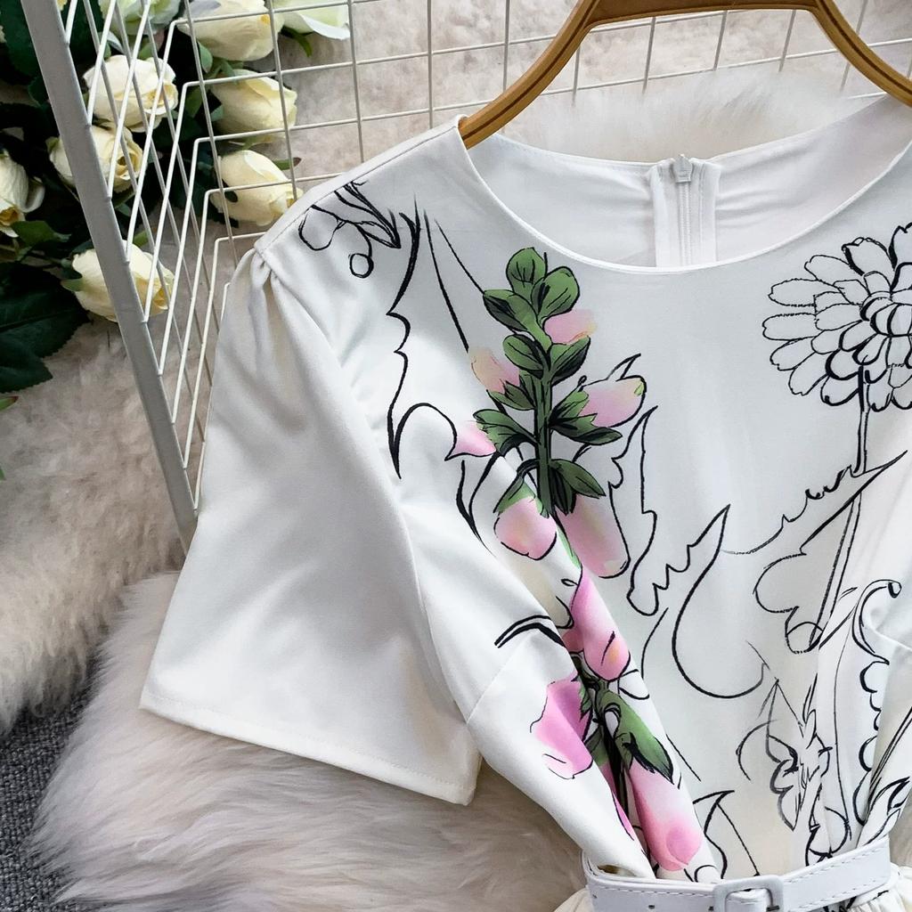 2026 New Summer Women Floral Print Short Sleeve Midi Long Elegant Gorgeous Bridesmaid Cocktail Party Dress with Round Neck