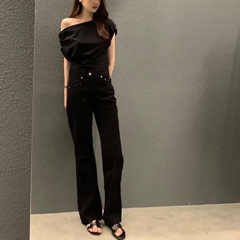 Korean Chic One-Shoulder Irregular Loose Solid Color Pullover T-Shirt