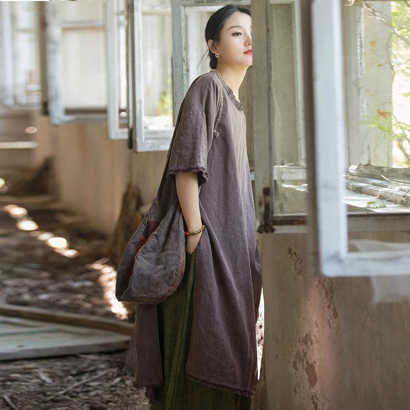 Frühling/Sommer Damen Baumwolle Leinen Fünf-Ärmel Ramie Zen Kleid