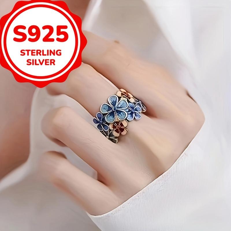 Bohemian style 925 sterling silver flower ring for women, vintage ethnic handmade fashion jewelry