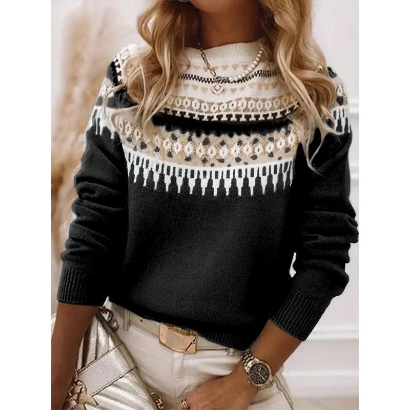 Women's Round Neck Colour Blocked Loose Fit Fashion Pullover Knitwear Luxurious Relaxed-fit Slimming and Versatile Top