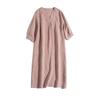 Summer New Loose Neck Five Quarter Sleeve Cotton Linen Dress for Women, Mid Length Skirt