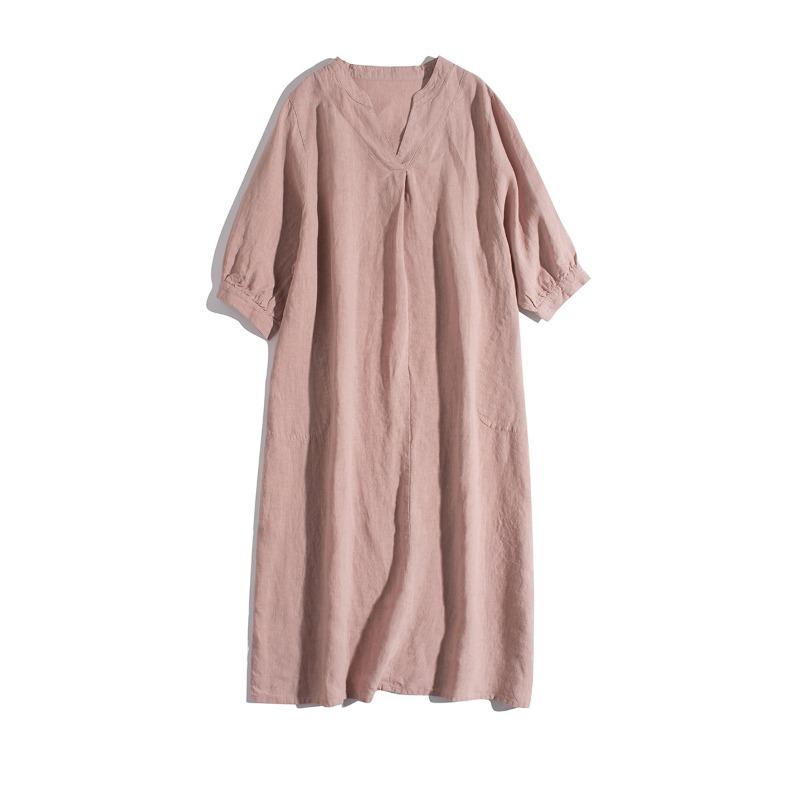 Summer New Loose Neck Five Quarter Sleeve Cotton Linen Dress for Women, Mid Length Skirt