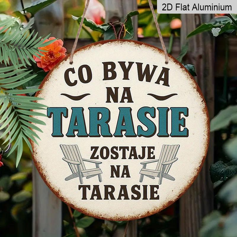2D Flat - 1pc 7.87x7.87 Inch Round Polish Aluminum Sign | "Co Bywa Na Tarasie" Vintage Bohemian Garden Decor Plaque with Rustic Chairs & Sunset