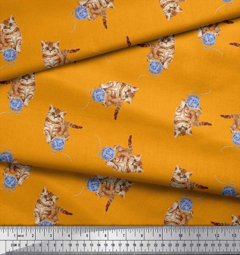 Soimoi Japan Crepe Satin Fabric Wool & Cat Animal Print Fabric by the Metre 42 Inch