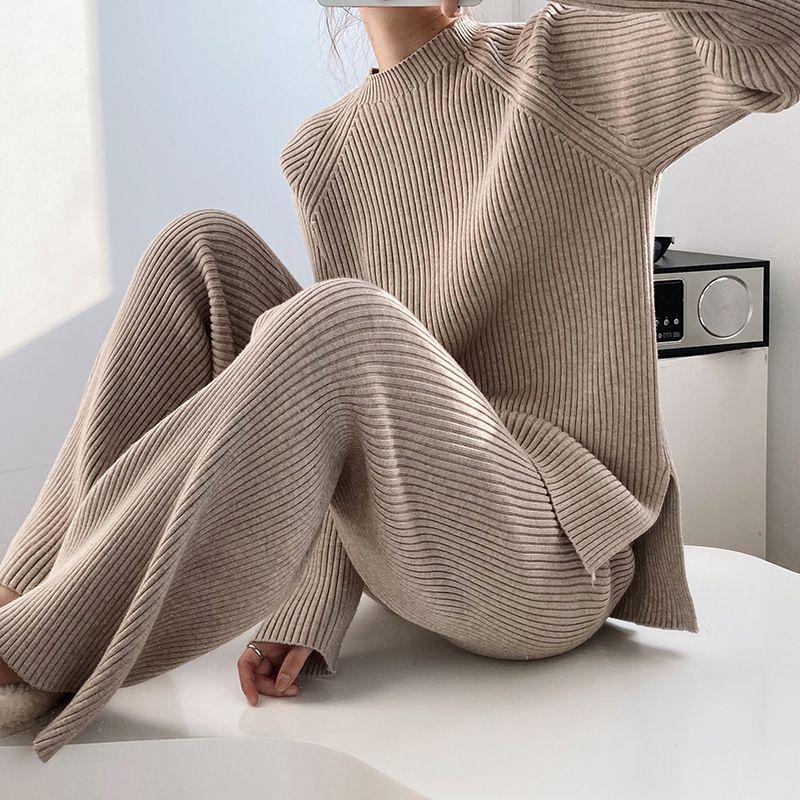 

Autumn Celebrity Style Knit Sweater & Wide-leg Pants Set - Retro Chic Two-piece Suit for Women S