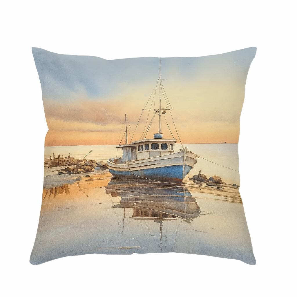 Großes Aquarellboot Sonnenuntergang Kunst Kissenbezug Küsten-Nautik Strand Dekoration Druck Überwurf Kissen Dekoration