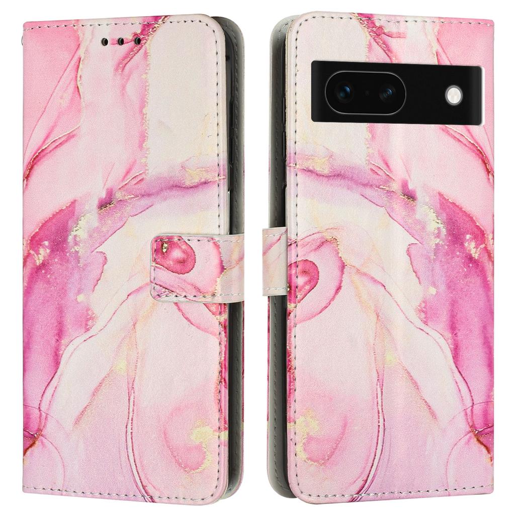 For Google Pixel 8a Stand Case Marble Pattern PU Leather Wallet Phone Cover with Wrist Strap
