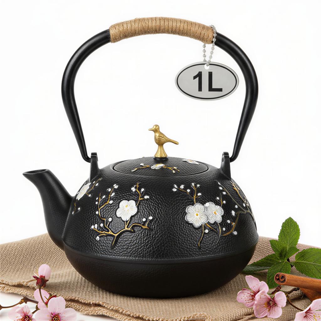 Cast Iron Kettle Black 1L + Steel Infuser For Tea And Herbs